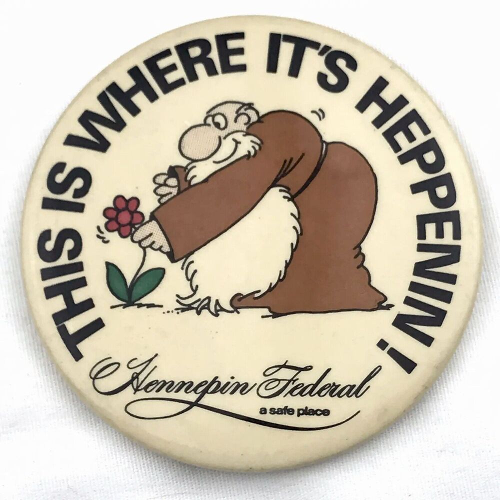 Hennipen Federal Vintage Pin Button Pinback Promo Long Beard Monk Flower